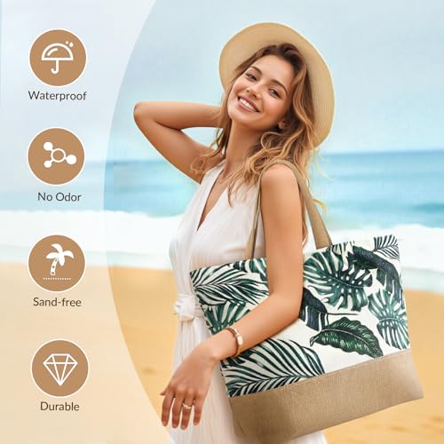 Image of Trifabricy Beach Bag for Women, Large Beach Tote Bags with Zipper, Woven Straw Tote Waterproof, Swim Gym Shopping Travel Bag