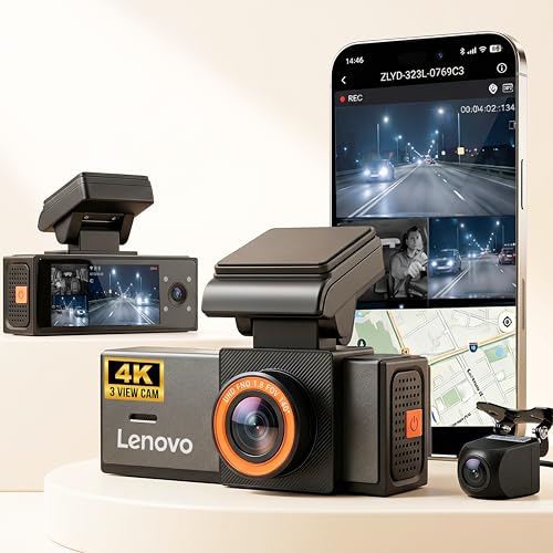 Image of Lenovo 3 Channel Dash Cam (T9-B3G) | Front 4K + Inside & Rear 1080P, Touchscreen DVR Playback, WiFi GPS, Night Vision, Parking Monitor, G-Sensor, Loop Recording