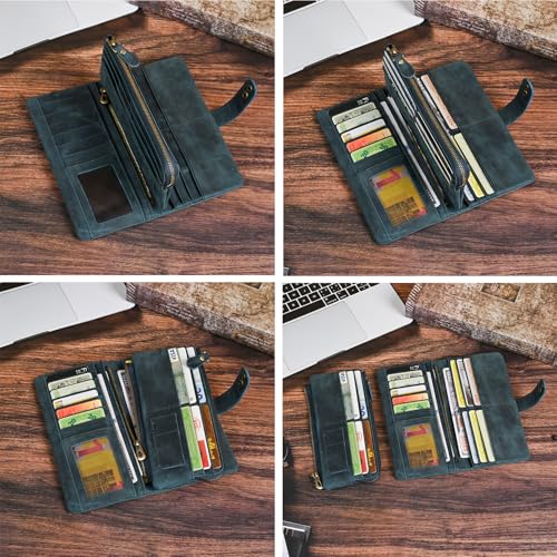 Image of Genuine Crazy Horse Leather Travel Gift Coin Pocket Card Case Long Organizer Chain Rfid Wallet Purse With Snap For Men Male 1803 1815 (1803 The Blue)