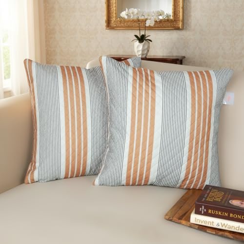 Image of STITCHNEST 'QuadraNest' Series Printed Quilted Velvet Cushion Cover 16x16 Inch Set of 2 | Premium Soft Fabric, Washable & Fade Resistant | Decorative Living Room Cushion Covers| Mustard & Grey Stripe