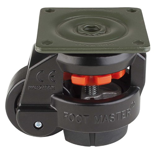 FOOT MASTER GD-60-F-NYN-FBL Leveling Caster, 50 mm Nylon 66 Wheel, Flat Black, Height Adjustable Foot Pad, Plate Mounted Swivel Caster, 280 kg Load Rating