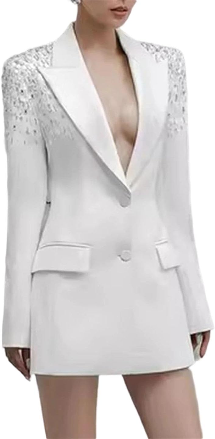 Women Diamond Blazer Lapel Long Sleeve Elegant Patchwork Suit Jacket