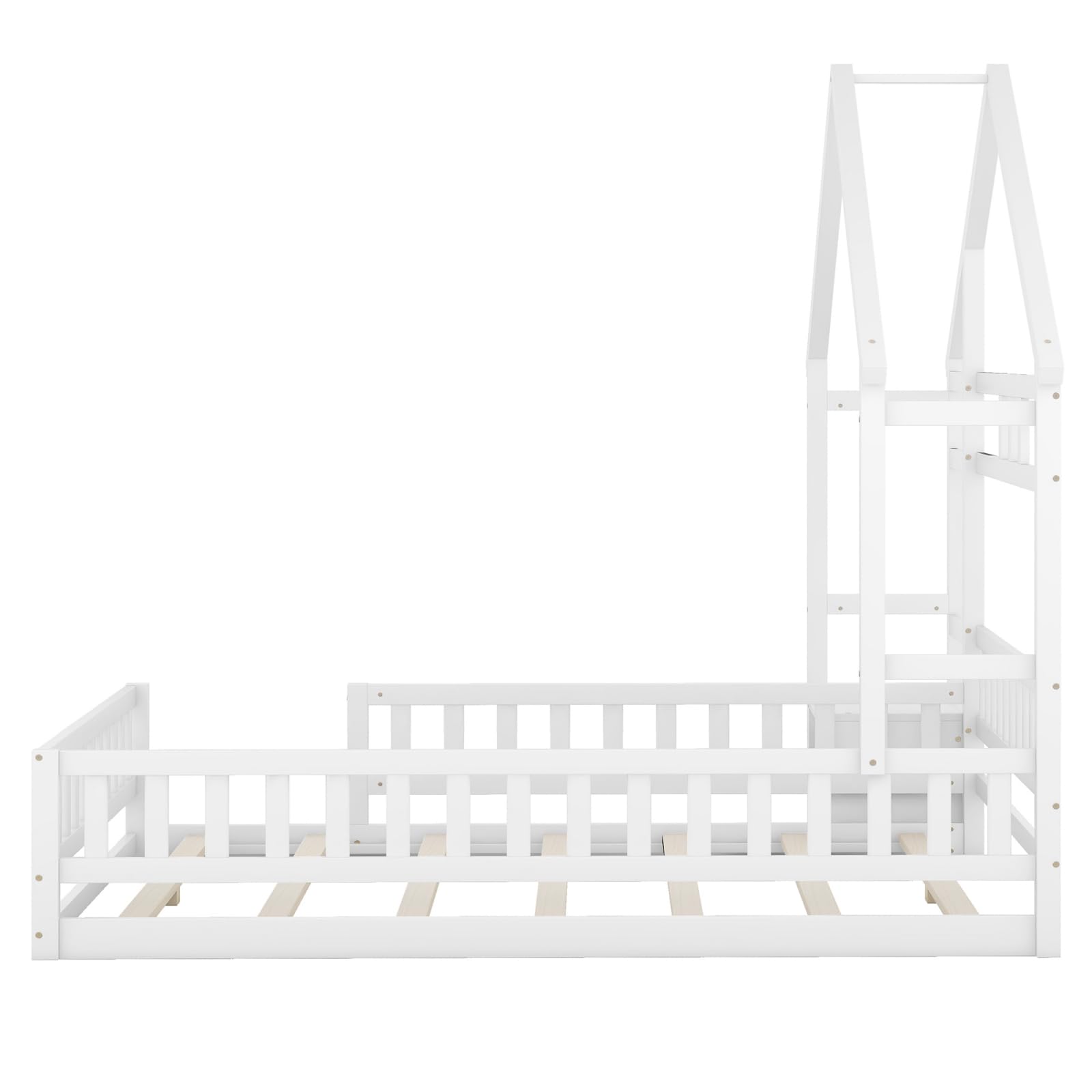 KOMHTOM Cama infantil con mesita de noche, 140 x 200 cm, cama de casa con cercado, marco de cama, soporte para listones de madera, para niños, adolescentes (sin colchón)