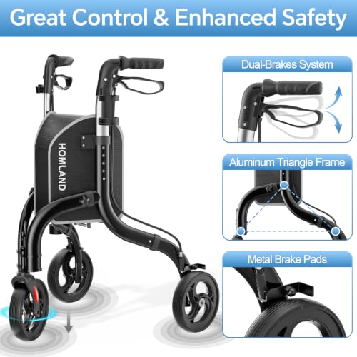 Image of HOMLAND Foldable 3 Wheel Walkers for Seniors, Lightweight 10.4 lb | with Cane & Cup Holder, Height Adjustable, 8'' big wheel, Shiny Black