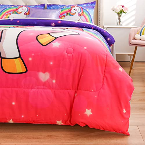 Aimuan Girls Unicorn Comforter Set 6 Pieces Pink Purple Bedding Set With Rainbow Star Galaxy Stars Fantasy Children Room Decor Soft Reversible Bed Sets For Boys/Girls/Teens (Pink-Purple Twin6Pcs) #TOP7
