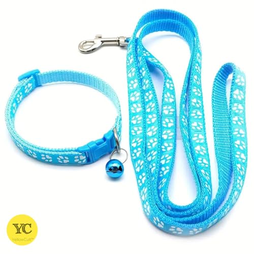Image of YellowCult Dog /Cat Collar Leash Set with Adjustable Soft Nylon Paw Print Pet Collar for Cats, Puppies, Small Dogs, Fat Rabbits Walking Training, Bell & Quick Release Buckle Safety Lock -[Light Blue]
