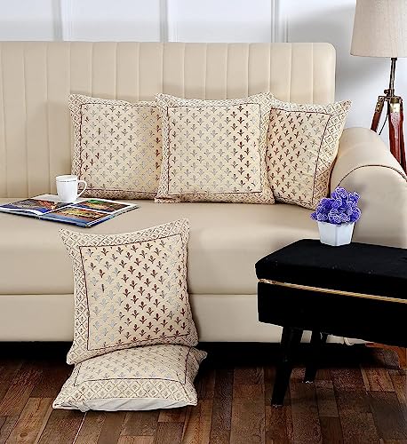 Image of Set of 5 Pcs 16 x 16 Inches Soft Jacquard Velvet Fabric Cushion Covers for Sofa Set /Diwan Beds, Star,Color- Cream, Set of 5 Pcs