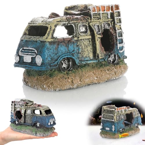 Qanye Décoration pour Aquarium en Résine, Ornement Simulation Épave de Bus, Simulation Voiture Épave, Ornement Aquatique Paysager, Habitat pour Poissons,...