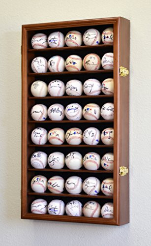 40 Baseball Ball Display Case Cabinet Holder Wall Rack w/98% UV Protection Lockable, Walnut