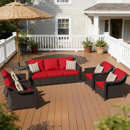 Image of 5 Piece Patio Furniture Set, Wicker Outdoor Conversation Set | Patio Chair Set with Olefin Removable Cushion, All-Weather Outdoor Couch with Deep Seat for Porch, Deck and Backyard, Red