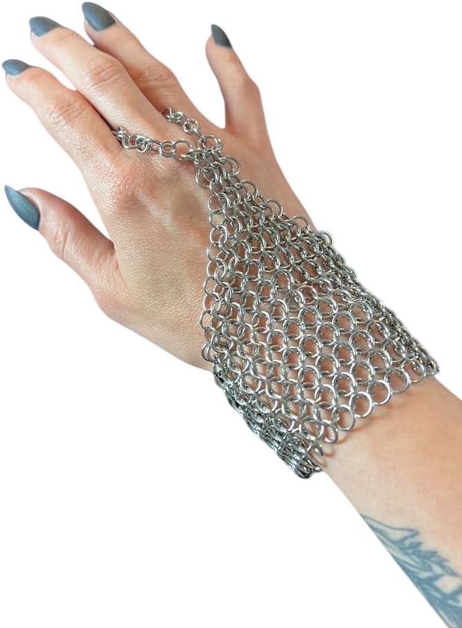 Chainmail Hand Harness Bracelet Ring, Silver Mesh Wrist Cuff Finger Ring Gothic Jewelry.