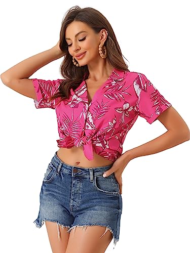 Allegra K Women's Hawaiian Floral Leaves Printed Shirt Short Sleeve Button Down Vintage Beach Top Blouse Hot Pink M