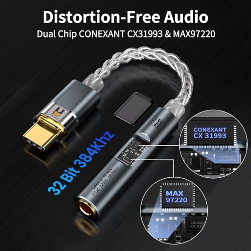 Image of USB C DAC Dongle with Dual Chip CX31993 MAX97220, USB-C to 3.5mm Audio Adapter with in Ear Monitor Amplifier, Type C to Amp Headphones Aux with USB-A Adapter for iPhone 16 Android Mac Windows iPad