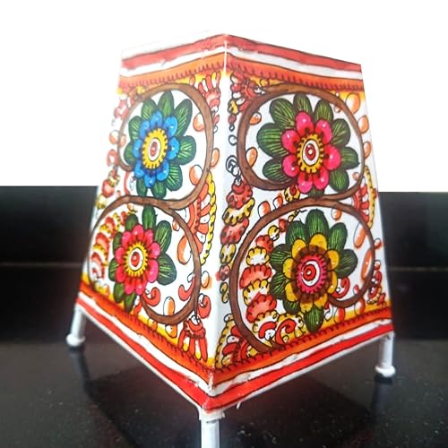 Image of Andhra Leather Craft Lamp Shade, Small (6 inch x 4 inch / Set of 1)- Floral Design | 2 meter wire with bulb holder and socket included - Handpainted Leather Table Lamp: Tholu Bommalata