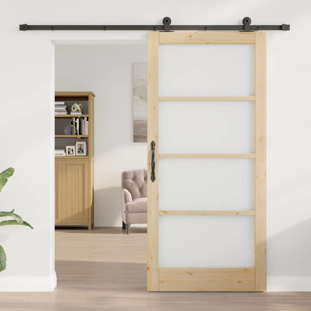 Drzwi przesuwne ORKDAL naturalne 93 x 202 cm lite drewno sosnowe i szkło z systemem przesuwnym, do wnętrz, nowoczesny minimalistyczny design, ciche przesuwanie, trwałe, idealne do jadalni i