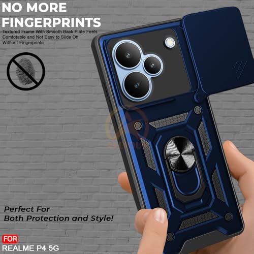 Image of Armor Bumper Back Cover Case for Realme P4 5G Rotating Camera Cover, Ring Holder & Kickstand | Heavy Duty & 360 Degree Protection Realme P4 5G Back Cover (Blue)