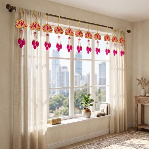Image of JH Gallery Pearl Bead Lotus for Ganpati Decoration Items for Home - Handmade Ganesh Chaturthi Backdrop Decoration, Mandir & Balcony Hanging (16 Inch, Pack of 10)