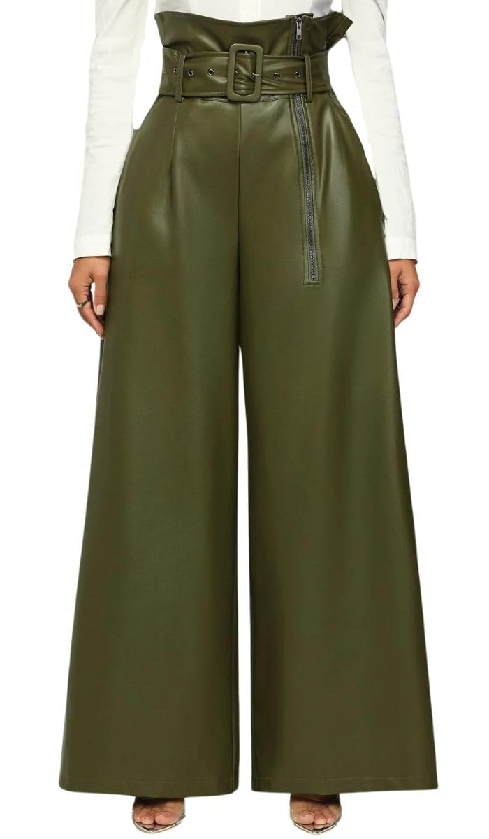 Womens Faux Leather Wide Leg Pants High Waist Side Zipper Baggy PU Leather Pants Party Club Trousers with