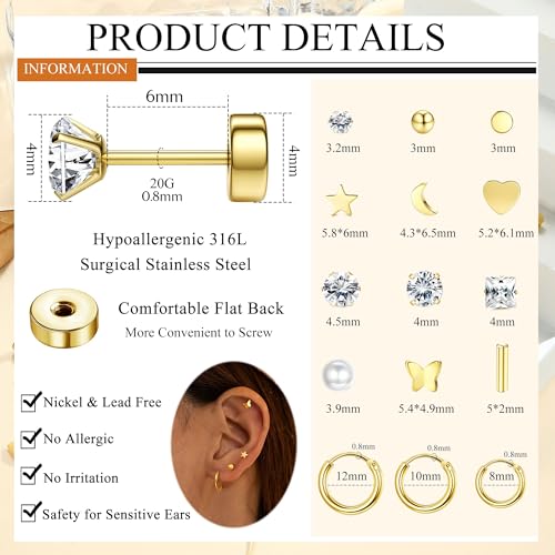 Florideco Small Hypoallergenic Flat Back Stud Earrings for Women Men 14K Gold Plated Surgical Stainless Steel Earrings Tiny Stud Earring Screw Back Cartilage Earring Set for Multiple Piercing 6