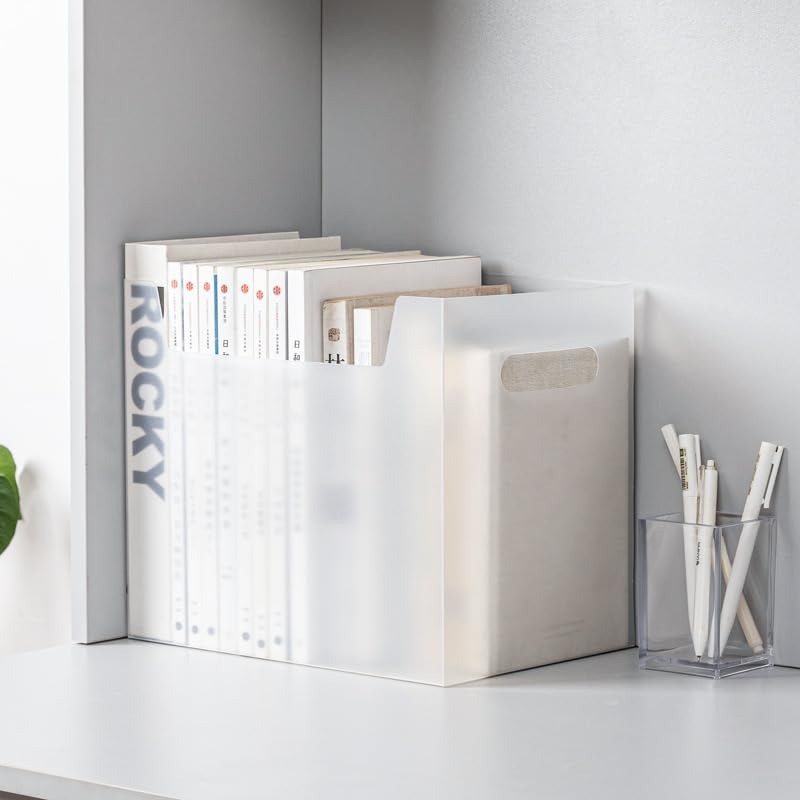 DELEE Double Handle Plastic Desk Book Storage Bins, Folding Paper File Storage Rack, File Magazine Stacking Utility Containers, Minimalist Solid Color Filing Cabinet Organizer Baskets for Students