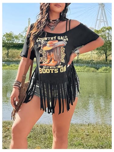 Women's Plus Size Cold Shoulder Fringe Tassel Cowgirl Graphic Short Sleeve Hippie Western T Shirt4