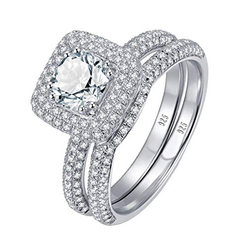 SHELOVES 3Ct Cushion Cut Cubic Zirconia Halo Wedding Ring Set Simulated Diamond Sterling Silver Sz 9
