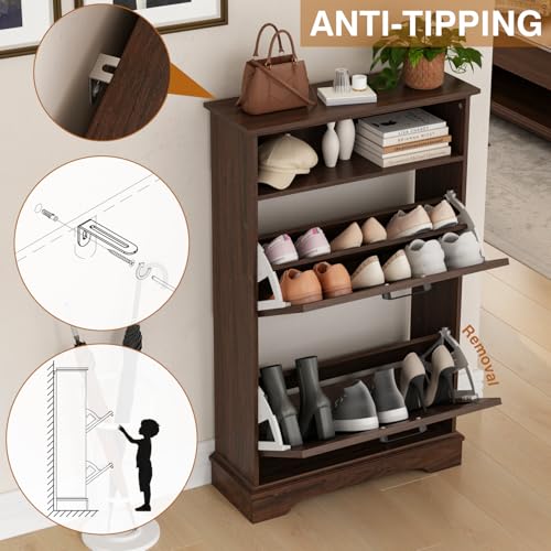 Image of 24 inch W Hidden Shoe Storage Cabinet with 2 Flip Drawers & Open Storage