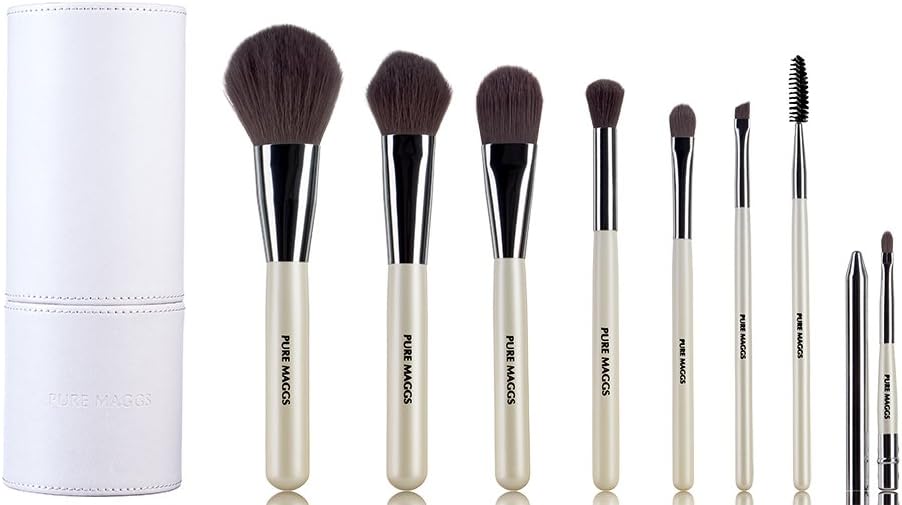 Pure Maggs Makeup Brush Set with Chic Travel Case - Include 8 Must Have Powder Blush Foundation Eyeshadow Eyebrow Mascara Lip - Soft Firm Bristles for Flawless Makeup - Easy to Clean and Durable - Best gift idea (Pearl White)