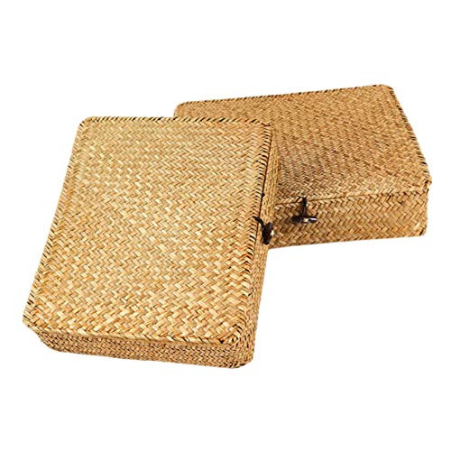 LOLIPPYY 2 piezas Cestas de Almacenamiento de Hierba Marina Tejidas Mano con Tapa Juego para Escritorio Dormitorio y Cocina Organizadores Vintage Resistentes y Decorativos