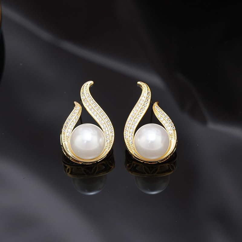 Pearl Earrings for Women, Cultured Stud Pearl Earrings Jewelry for Girls, Silver/Gold Plated Prom Jewelry Dangle Studs Cubic Zirconia Pearl Earrings for Gifts2