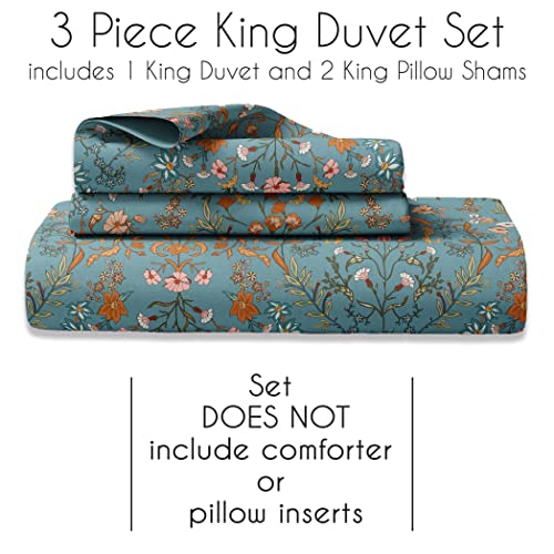 Image of Boho Bohemian Farmhouse Teal Blue and Orange Wildflower Garden Floral Duvet Comforter Cover and Sham 3 pc King Size Bed Bedding Set Bedroom Flower Botanical Cottagecore Patterned Vintage Turquoise