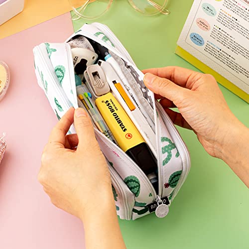 Image of MAMUNU Big Capacity Pencil Pen Case, 3 Compartments Large Storage Canvas Pencil Pouch with Zipper, Green Cactus Design Aesthetic Pencil Pouch For Office School