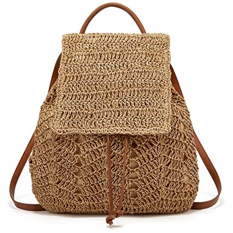 Women's Straw Backpack Shoulders Bag Casual Hobo Woven Bag Beach Backpack Top Handle Beach Straw Backpack, Brown Cover
