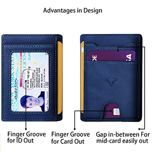 Image of Contacts Genuine Leather Slim Wallet | RFID Blocking Skinny Minimal Thin Front Pocket Wallet Sleeve Card Holder for Men | Up to 7 Card Slots Including 1 ID Window (Blue)