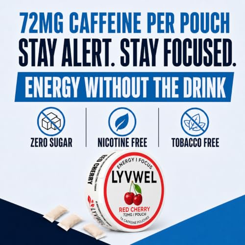 Image of LyvWel 72mg Caffeine Energy Pouches - Cherry Blast, Blueberry Ice, Mango Crush - Clean Energy with Guarana for Focus & Stamina - 3-Pack (48 Total Pouches)