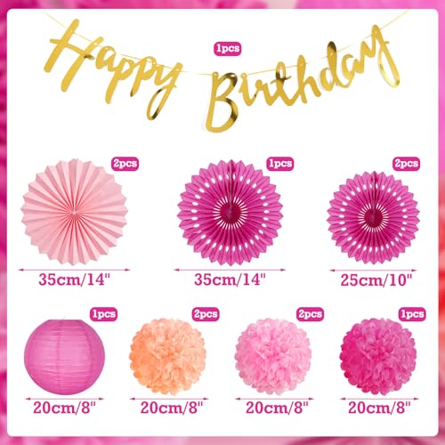 Image of SUNBEAUTY Hot Pink Birthday Party Decorations for Girls Women with Happy Birthday Banner Hot Pink Paper Fans Tissue Pom Poms Lantern Decorations Birthday Decorations Kit
