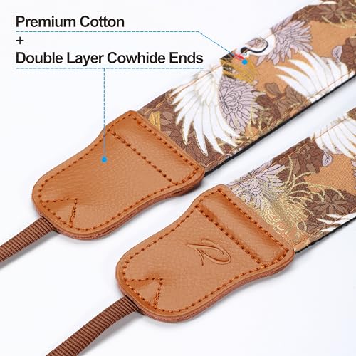 Image of Padwa Lifestyle Brown Crane Camera Strap - 2 inch Cowhide Leather Head Cotton Camera Straps for Photographers,Vintage Japanese Art Print Adjustable Neck & Shoulder Strap for ALL DSLR /SLR Cameras