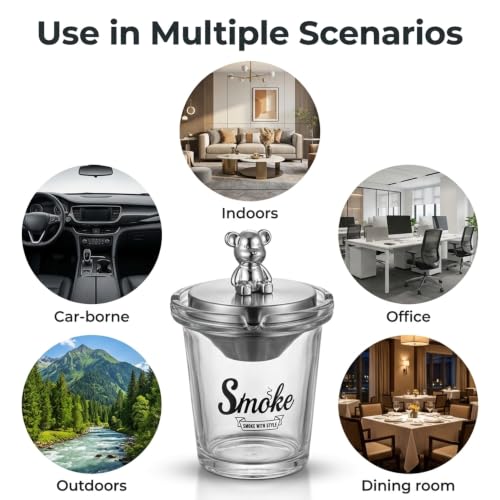 Image of NYRWANA Glass Ashtray with Stainless Steel Funnel | Portable Cigarette Ashtray | Windproof Ash Cup Holder for Home, Office, Bar, Living Room, Patio & Smoking Area | Clear Glass