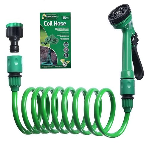 Manguera de Jardín Enrollable Extensible 15m, Manguera de Agua en Espiral con Pistola de 5 Modos, Polipropileno Resistente, Retráctil para Riego y Limpieza - Verde (15m)