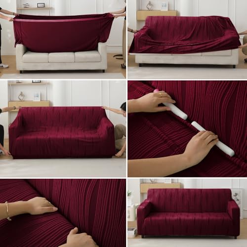 Image of HOKIPO 200 GSM Premium Knitting Jacquard Fully Covered Stretchable Sofa Cover for 4 Seater, 'Nestiva Series' Burgundy (NEW-AR-5310-BRGN)