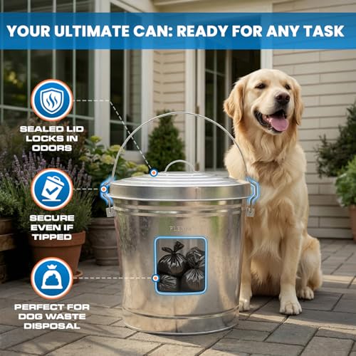 Image of Plexon 10 Gallon Trash Can with Locking Lid Galvanized Metal Bucket for Poultry Feed Bird Seed Storage Ash Outside Garbage Can with Lid, 3 Pack