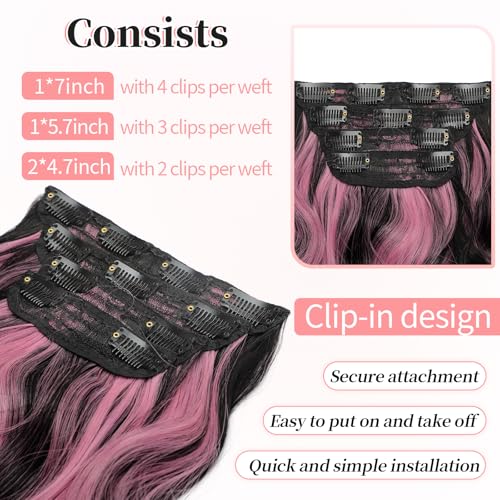 Image of KooKaStyle Wavy Thick Clip in Hair Extensions 20 inch Natural Black Pink | 4 Pieces Clip in Extensions,Fiber Double Weft Hairpieces,Natural Volume,Beach Wave Long Synthetic Hairpieces for Women