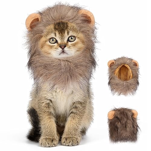 Image of Cat Halloween Costumes - Lion Mane Wigs for Cat Costumes, Adjustable Comfortable Funny Pet Kitten Cats Dress Up Clothing Accessories for Halloween Christmas Festival Party, Grey