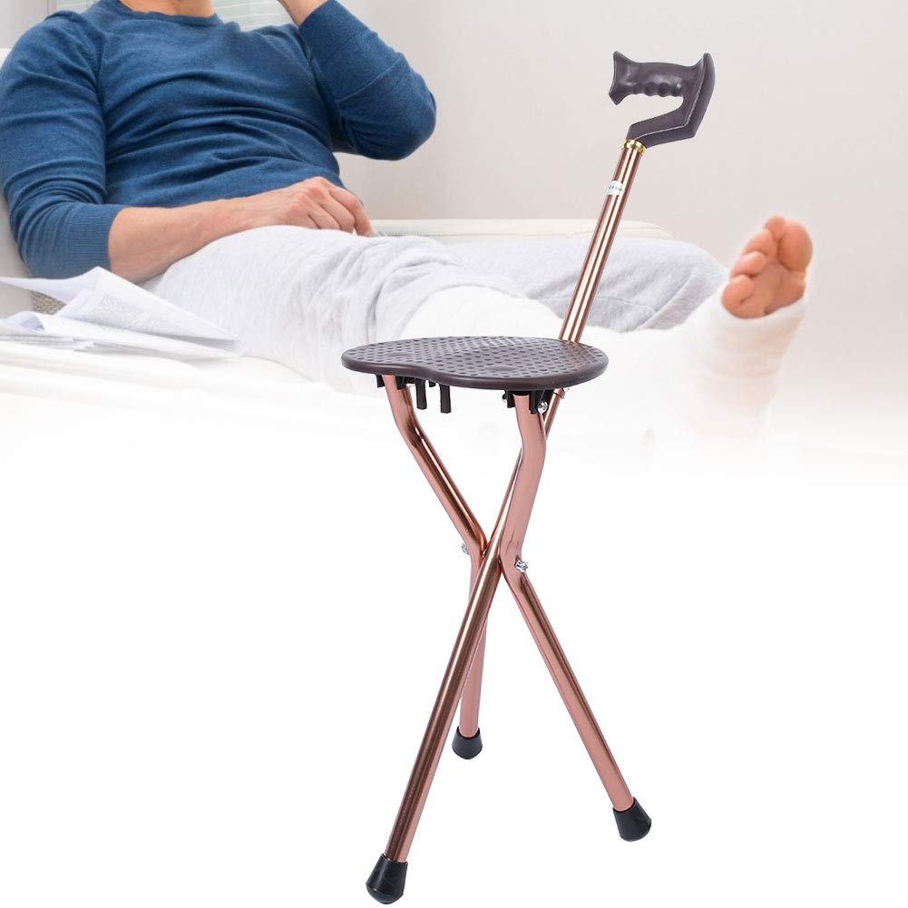 Asiento plegable de caña de 3 patas con bastón de paseo y funda antideslizante de aleación de aluminio, para personas mayores