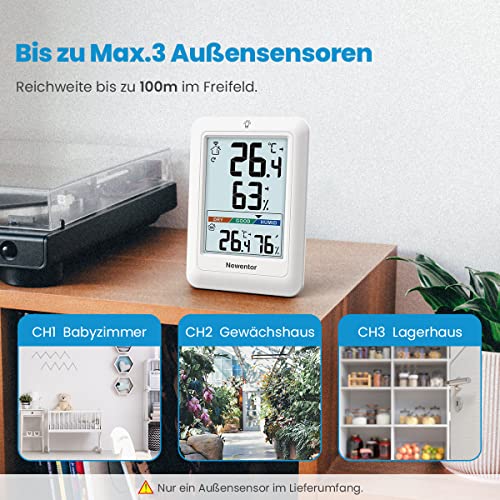 Newentor MAX MIN Thermometer innen außen 24/48 Std./alle Zeiten - Hygrometer Innen mit Luftkomfort - Wetterstation Funk mit Außensensor - Raumthermometer mit Beleuchtung, Weiß, 1*Außensensor