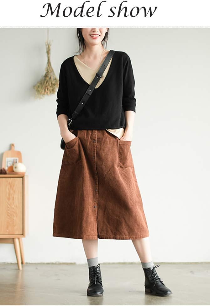 Minibee Women's Corduroy Midi Skirt Front Split Buttons Decoration A-Line Dress - Image 7