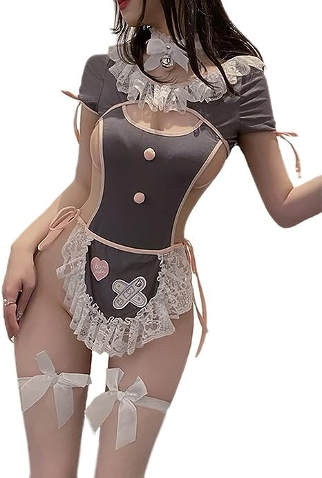 SNOMYRS Maid Outfit Anime Cosplay Costume Japanese Sweet Apron Fancy Kawaii Lace Up One Piece Lingerie Bodysuit: With Stockings One Size