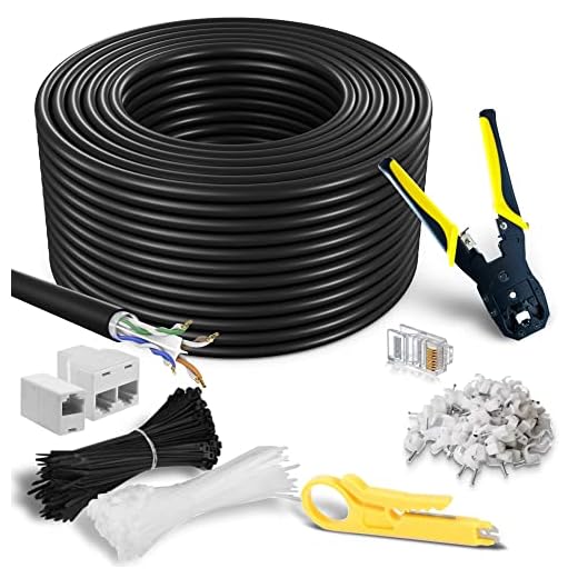 Cat6 Heavy Duty Outdoor Cable 300 ft - Black - Zero Lag Pure Copper, Waterproof Ethernet Cable Suitable for Direct Burial Installations. Free Tools & Accessories Included