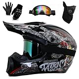 Casco Integrale da Moto Per Bambini E Adulti, Per Moto da Cross Elettrica, Quad, BMX, MTB, Fuoristrada, con Occhiali, Guanti E Maschera, Omologato DOT(226 black motorcycle,M(56-57CM))