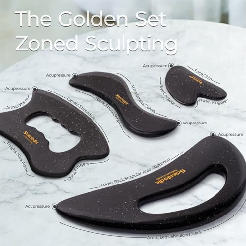 Image of Scienlodic 4 Pcs Gua Sha Massage Tools for Face & Body (Black Gold, Resin) - Guasha Scraping Tool for Jawline Contouring, Puffiness Reduction, Neck, Back, Legs & Muscle Relaxation